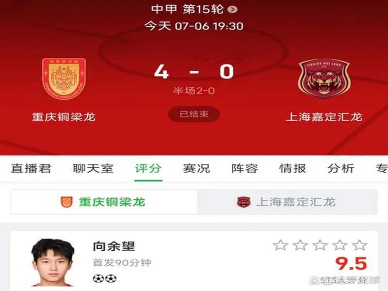 上海嘉定汇龙vs重庆铜梁龙首发:向余望出战,铜梁龙赢球就升超